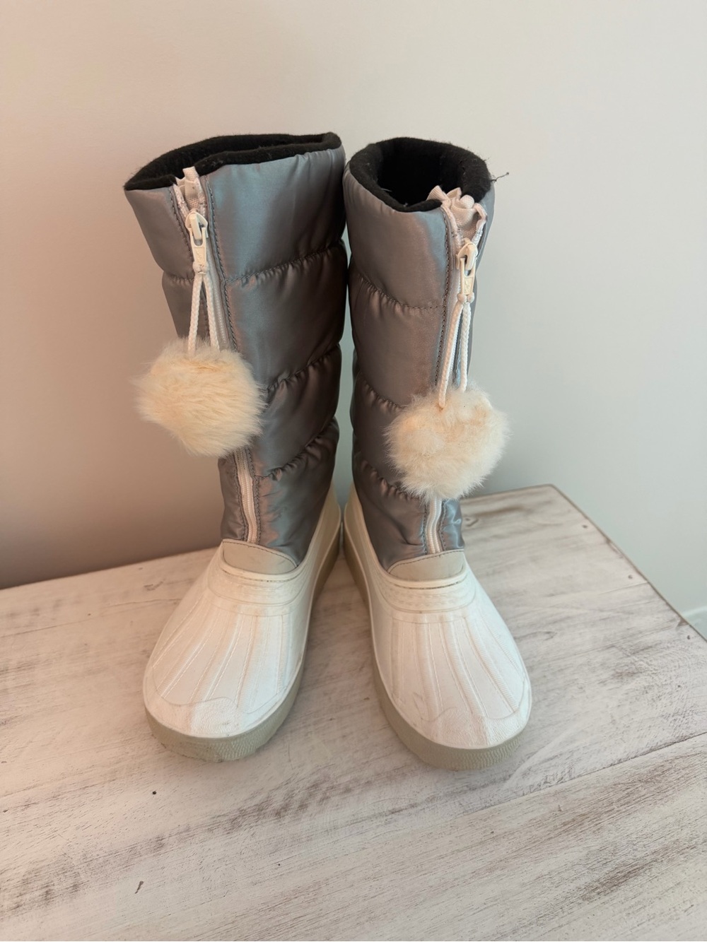 Pajar Kids Silver and White Pom-Pom Winter Boots